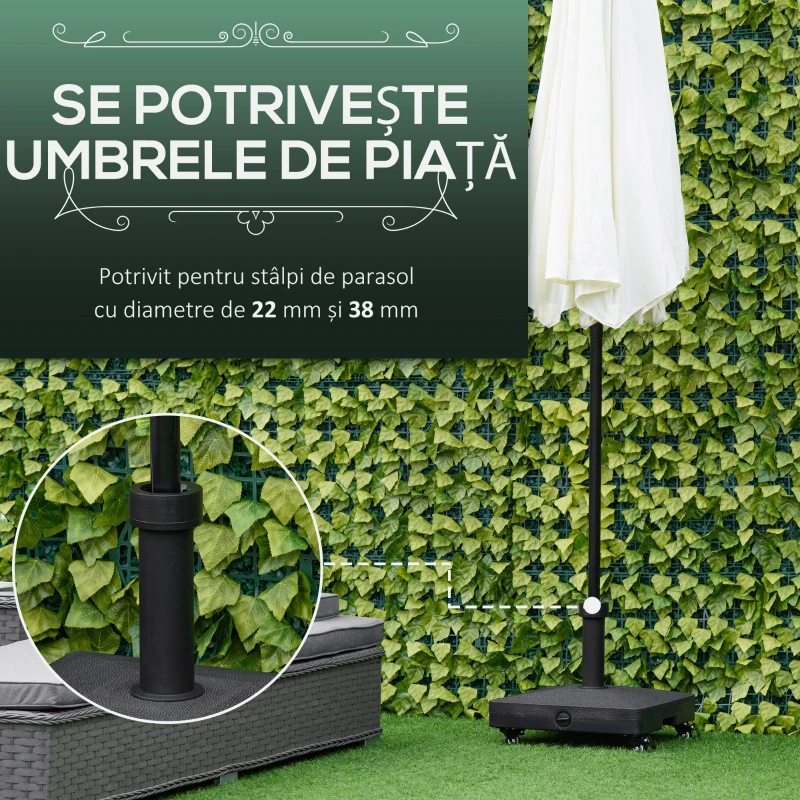 Outsunny Baza pentru Umbrela de Soare cu Roti Se poate Umple pana la 20kg, Postament din HDPE pentru Stalpi de Ø38-48mm, 45x45x39cm, Negru