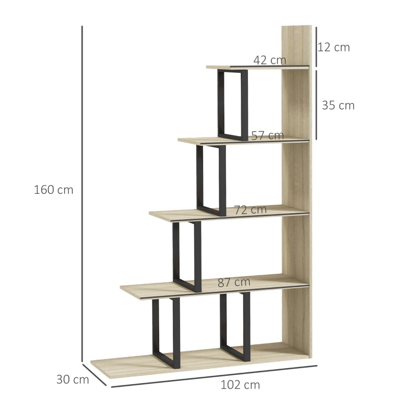HOMCOM Estantería librera separadora de espacios de estilo industrial en forma de escalera con 5 estantes 102x30x160 cm color Roble