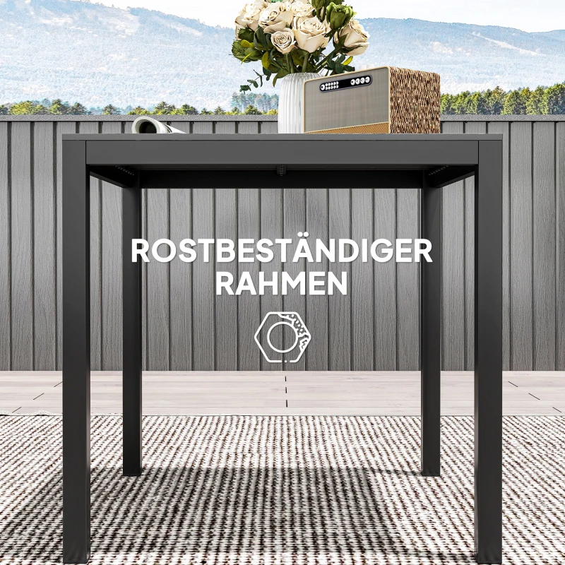 Outsunny Gartentisch Aluminium 73x73 cm Wetterfest Buffettisch mit Holzoptik, Campingtisch für 4 Personen Schwarz(m-6)