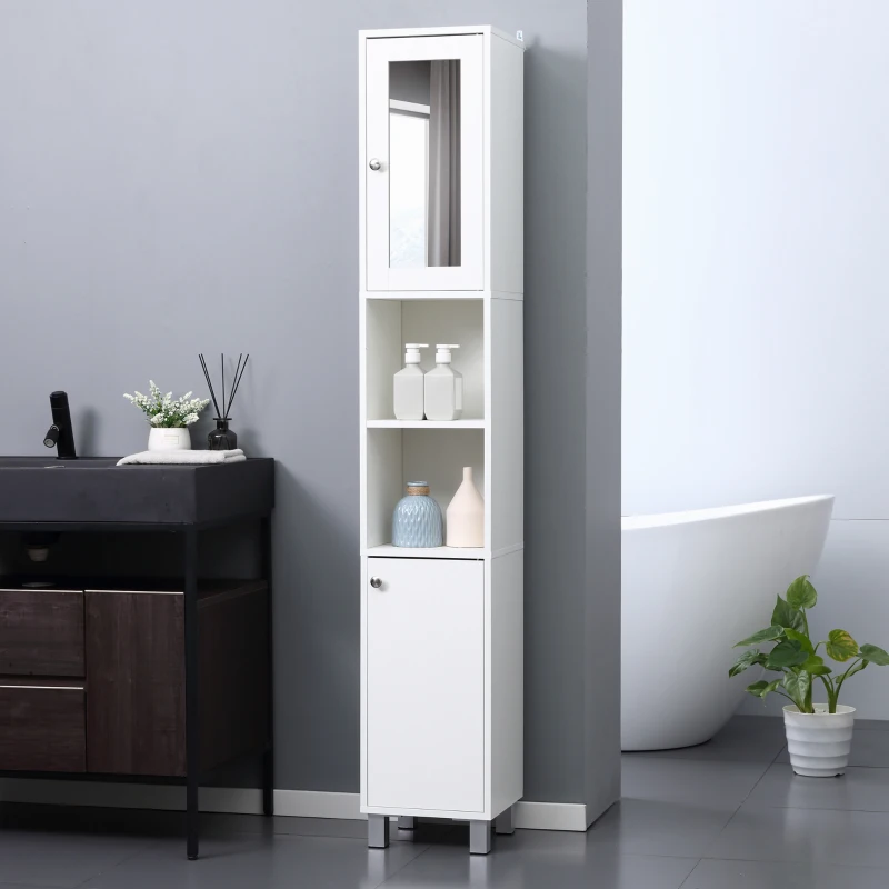 kleankin Mueble columna de baño armario alto 2 armarios 6 nichos estantes ajustables 30x28x180 cm Blanco