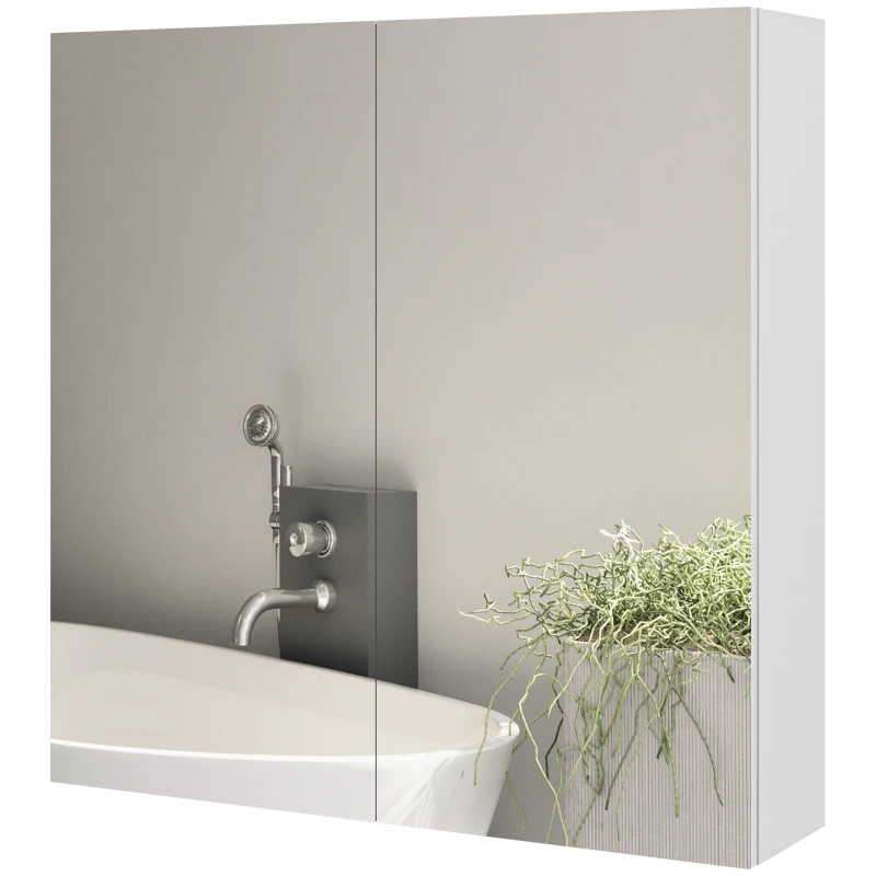 kleankin Armario de Pared de Baño con Espejo Armario de Almacenamiento 2 Puertas 3 Niveles Estante Ajustable 60x15x60 cm Blanco