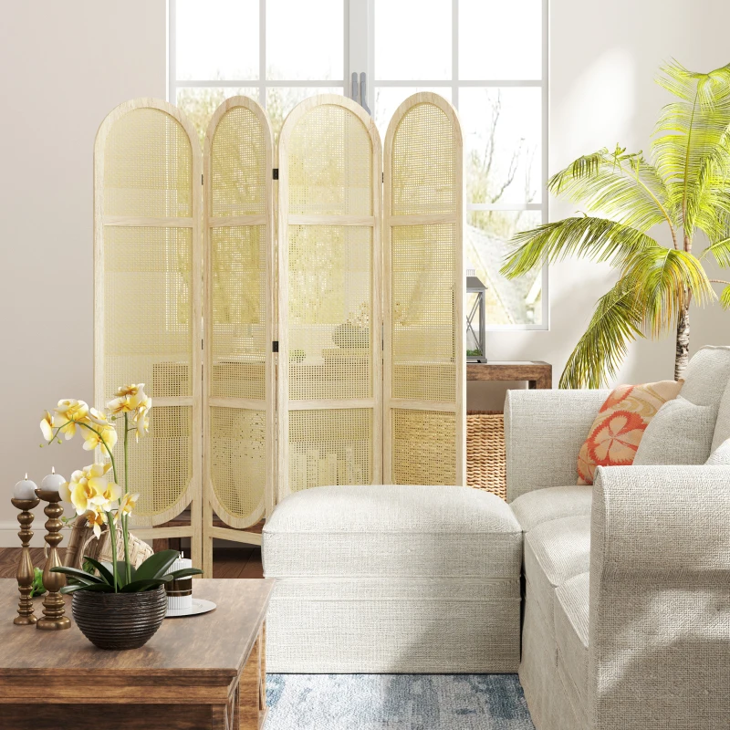 HOMCOM Biombo interior de madera 4 paneles 170x160 cm plegable y portátil diseño tejido a mano Madera Natural