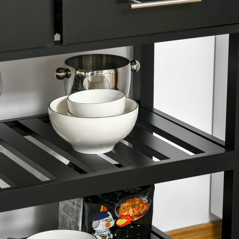 HOMCOM Carrello da Cucina con Ruote, 2 Ripiani, 2 Cassetti, Nero e Legno Naturale