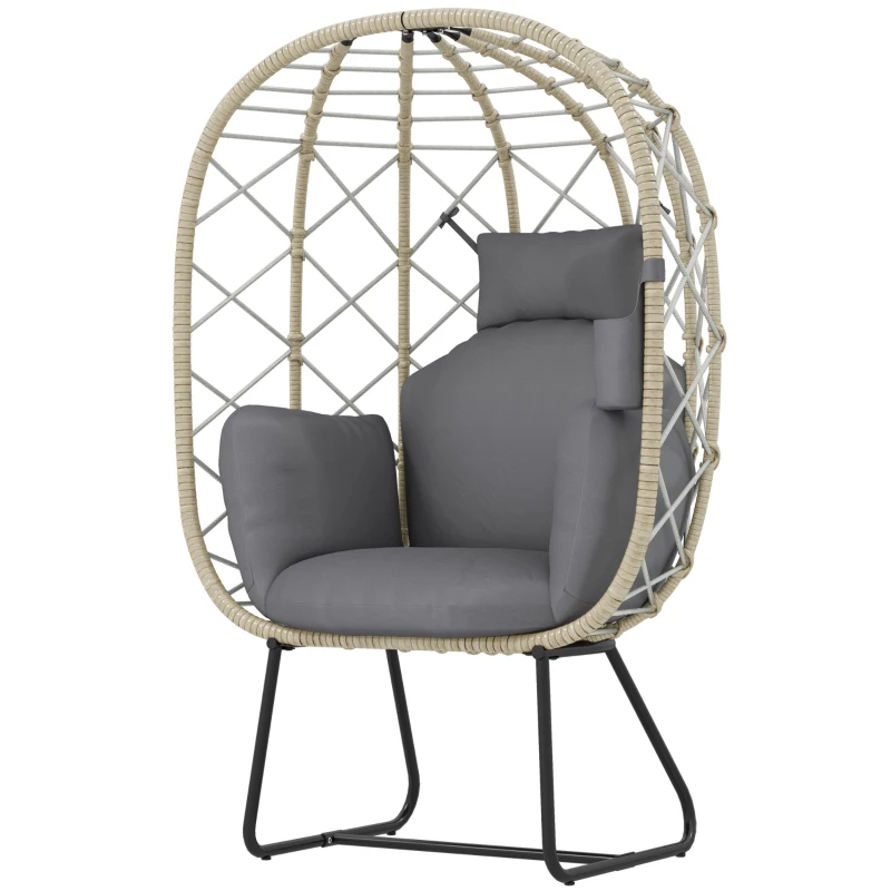 Outsunny Rattan Egg Chair Outdoor Indoor Wicker Chair with Thickened Cushion and Headrest, Standing Garden Egg Chair with Cup Holder, Metal Frame for Patio, Balcony, Grey