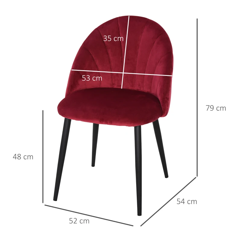 HOMCOM Conjunto de 2 sillas de comedor silla de cocina Terciopelo Burdeos Patas metal Negro 52x54x79 cm