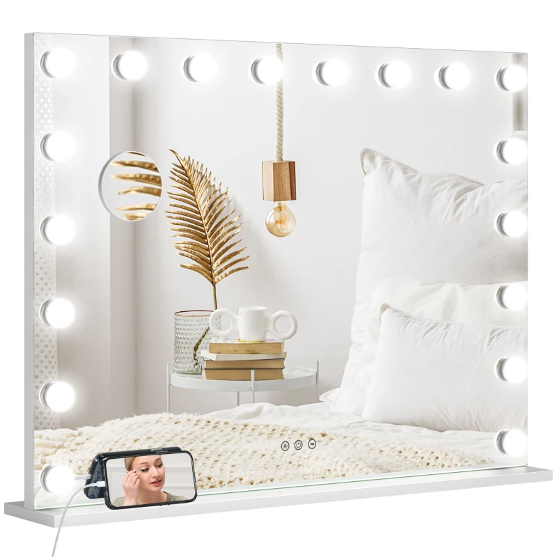 HOMCOM Espejo de maquillaje luminoso LED intensidad ajustable espejo con aumento puerto de carga USB 80x62 cm