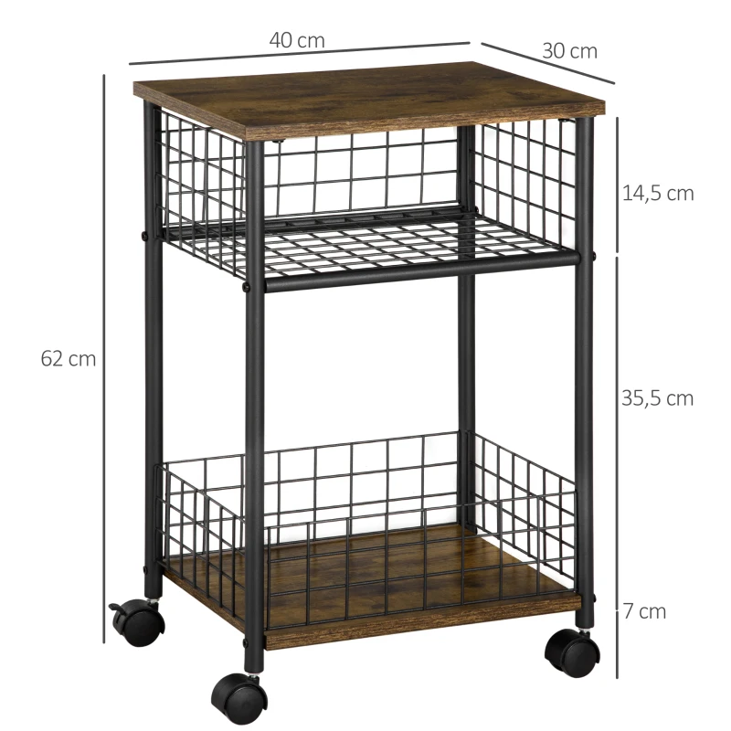 HOMCOM Carrito con Ruedas Carrito de Servicio 2 Compartimentos Abiertos Encimera y Ruedas 40x30x62 cm Marrón