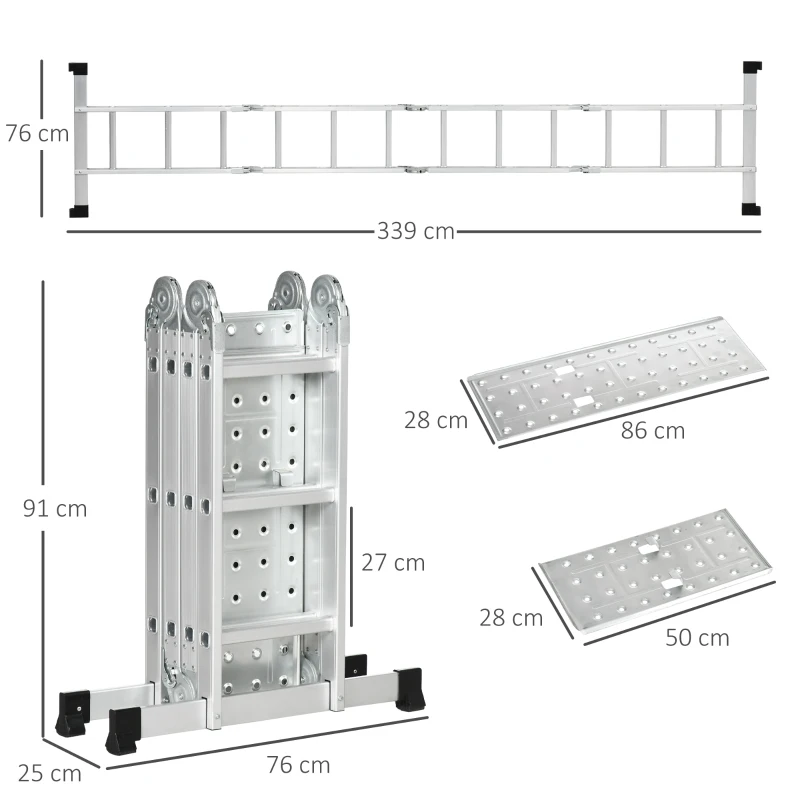 DURHAND Escada Telescópica 5 em 1 Dobrável Escada Multifuncional com Plataformas Removíveis 12 Degraus 339x76x10cm Prata