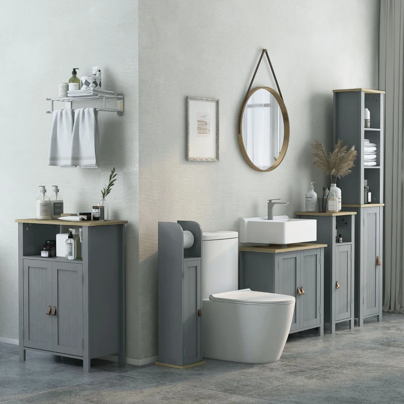 kleankin Mueble bajo lavabo 2 puertas balda ajustable 2 estantes interiores mangos de PU 60x30x60 cm Gris