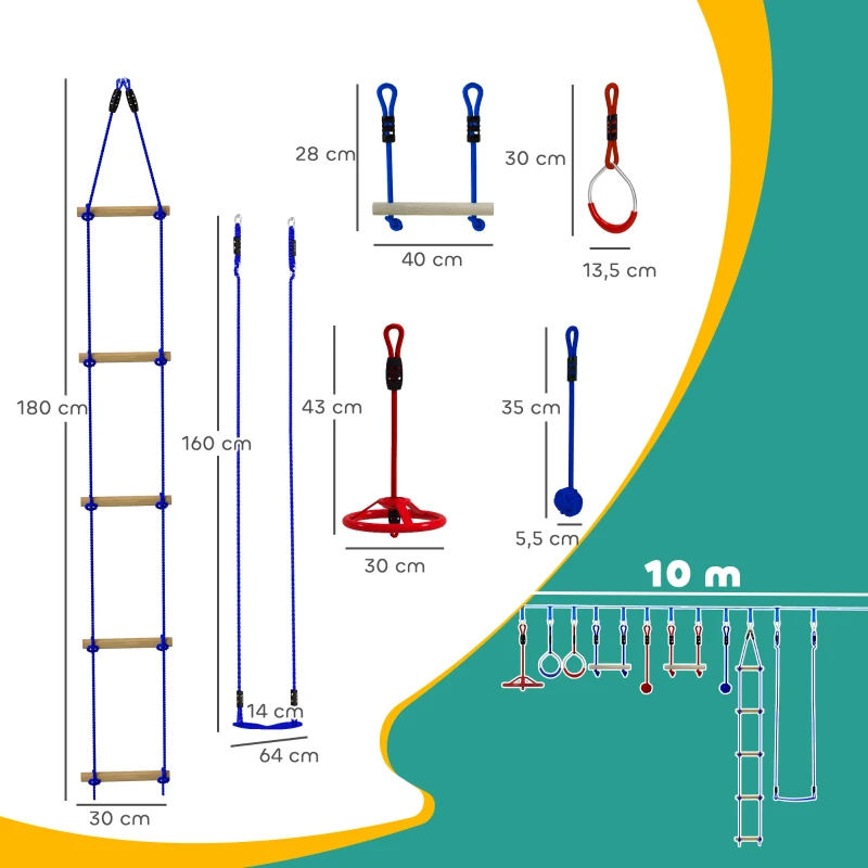 AIYAPLAY Circuito de obstáculos estilo ninja para niños, con 10 accesorios, 10 m de cinta de equilibrio y bolsa de transporte, azul