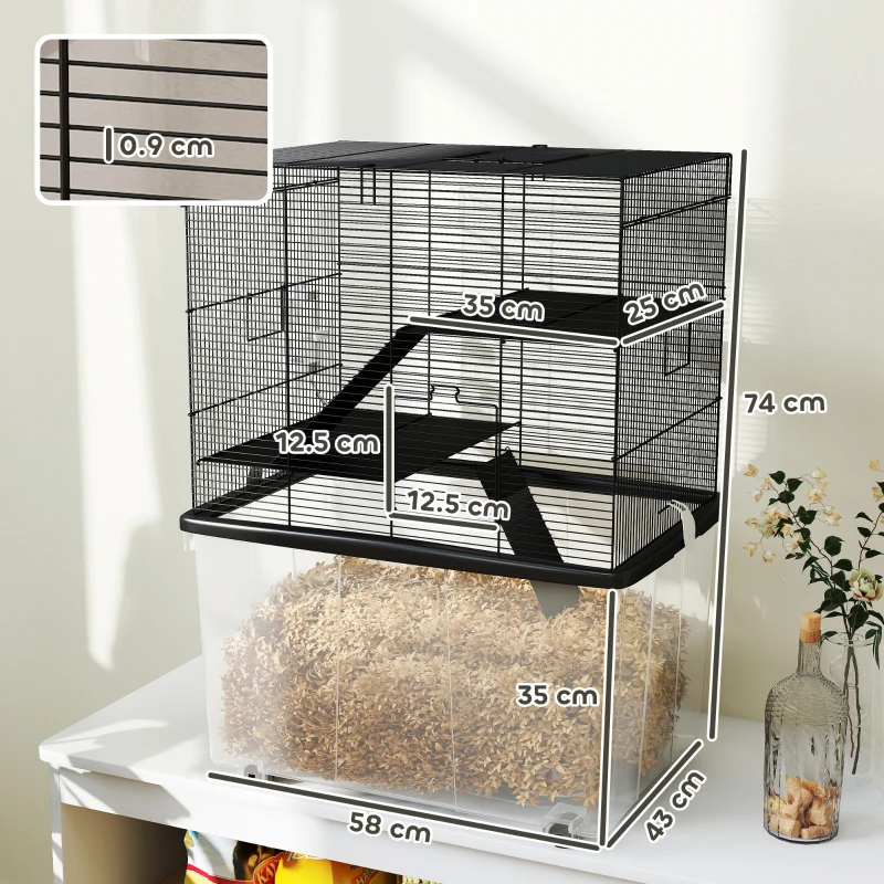 PawHut Cușcă pentru Hamsteri cu 3 Niveluri, Bază Adâncă, Roți  Rampe, Bol și Sticlă, 58x43x74 cm, Negru