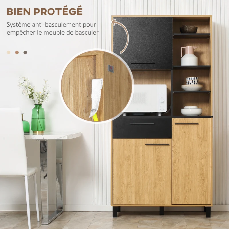 HOMCOM Armario de cocina multi-almacenamiento con cajón 3 armarios 4 estantes y pasacables altura 180 cm Negro y Madera Natural