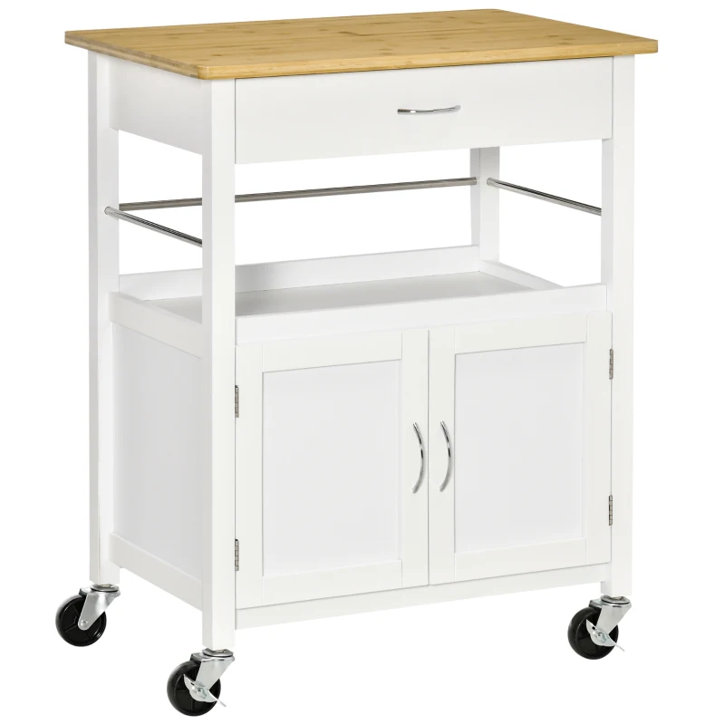 HOMCOM Carrito de cocina multi-almacenamiento - 73x50x91 cm - asas de metal MDF Blanco bandeja de madera de bambú barnizada