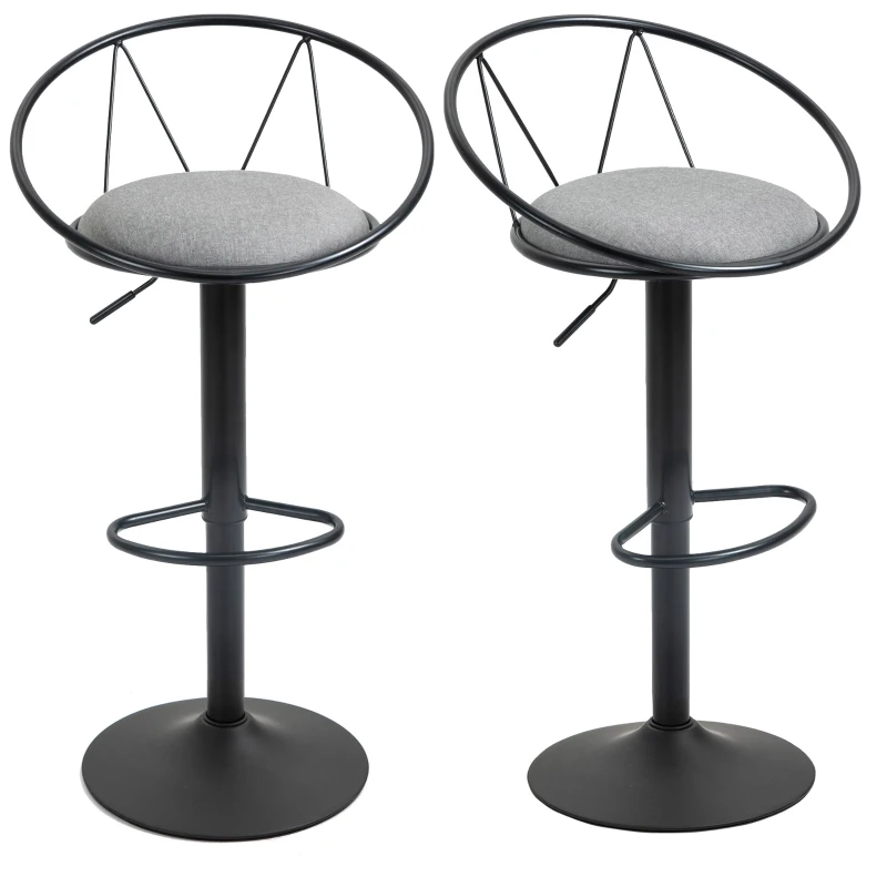 HOMCOM Conjunto de 2 Taburetes de bar Diseño neorretro ajustable giratorio con reposapiés metal Negro Lino Gris