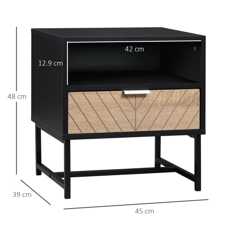 HOMCOM Mesa de noche mesa de noche estilo industrial cajón estante de metal aspecto de madera de Roble en espiga Negro