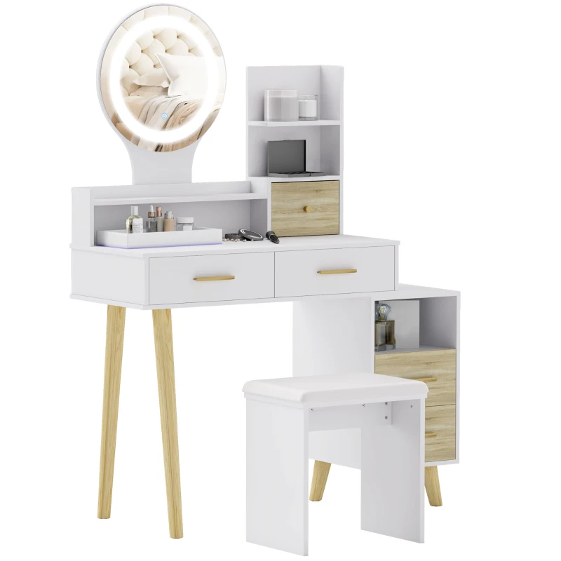 HOMCOM Tocador con espejo y taburete mesa de maquillaje luminosidad ajustable 5 cajones 4 compartimentos 1 estante Blanco