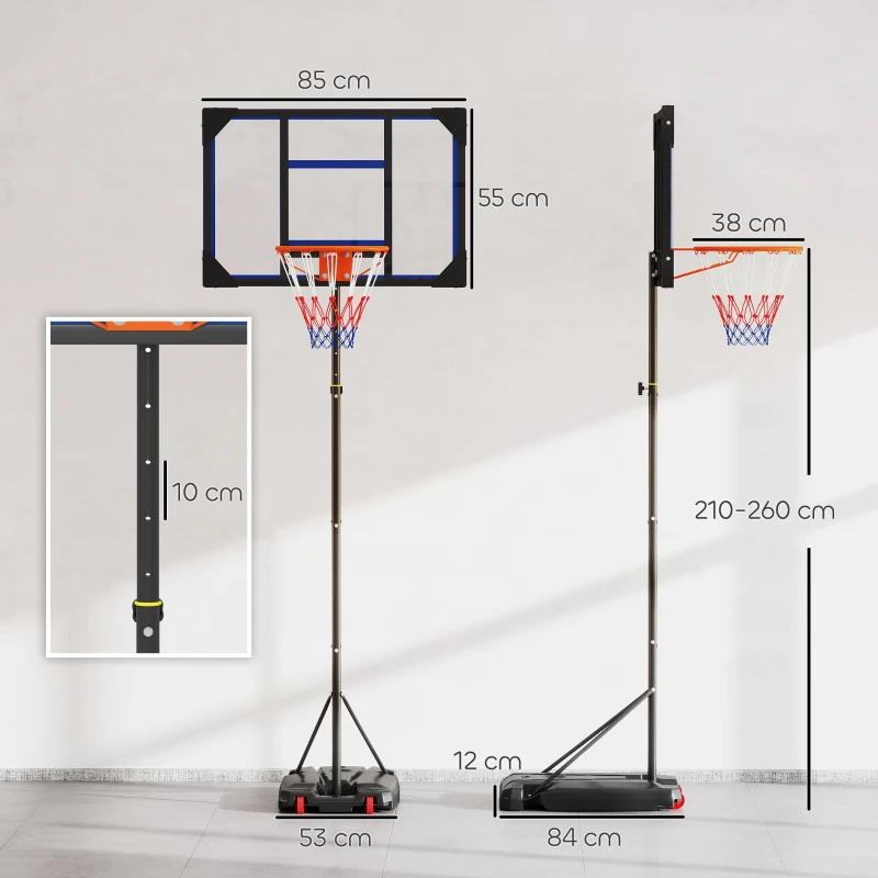 AIYAPLAY Canasta de baloncesto para niños, altura ajustable de 210-260 cm exterior e interior con ruedas, base de contrapeso, Azul