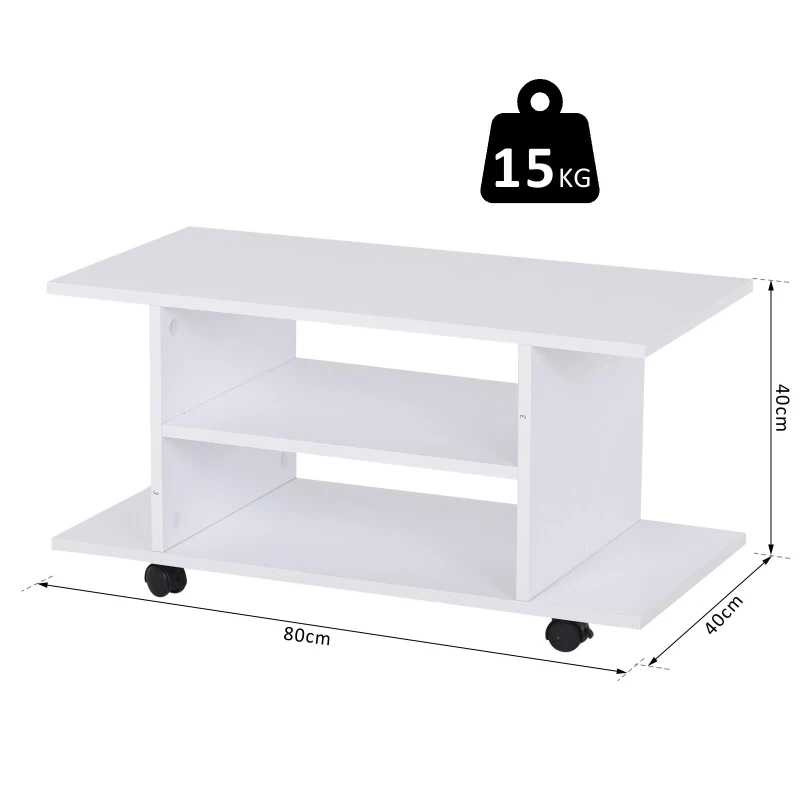 HOMCOM Mobile TV Moderno con Ripiani, Mobiletto Porta TV da 42" con Ruote Girevoli a Freni, 2 Piccolo Ripiani Laterali per Soggiorno e Camera da Letto, 80x40x40 cm, Bianco