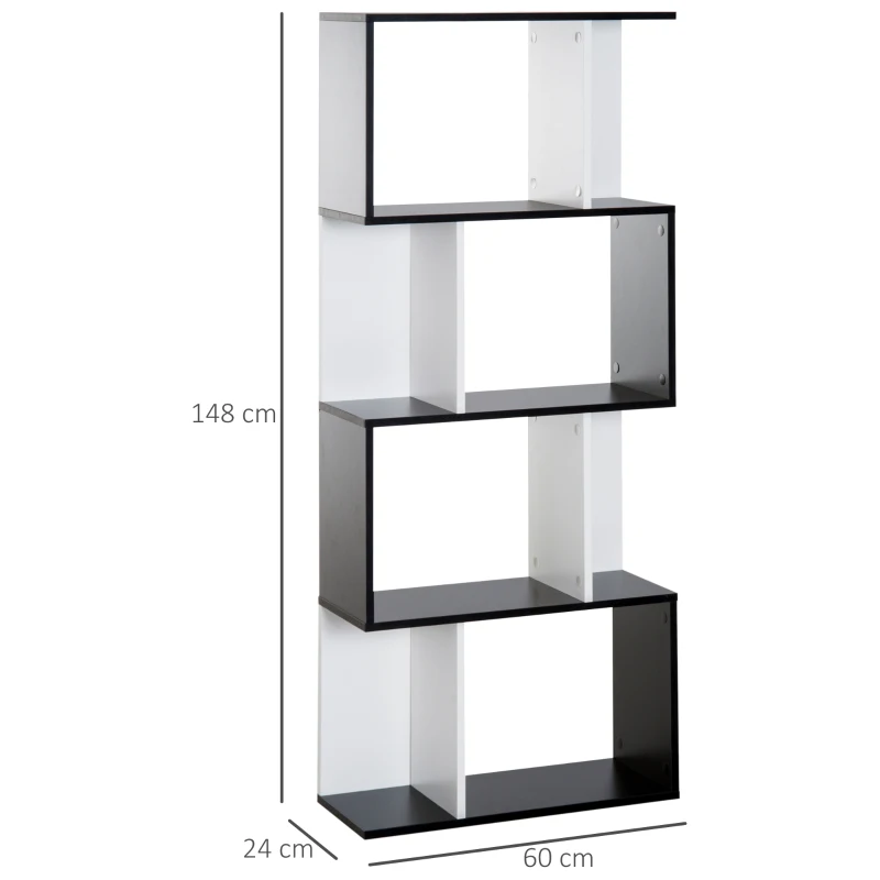 HOMCOM Biblioteca estantería Mueble de Almacenamiento Diseño Contemporáneo en S 4 estantes 60x24x148 cm Negro Blanco
