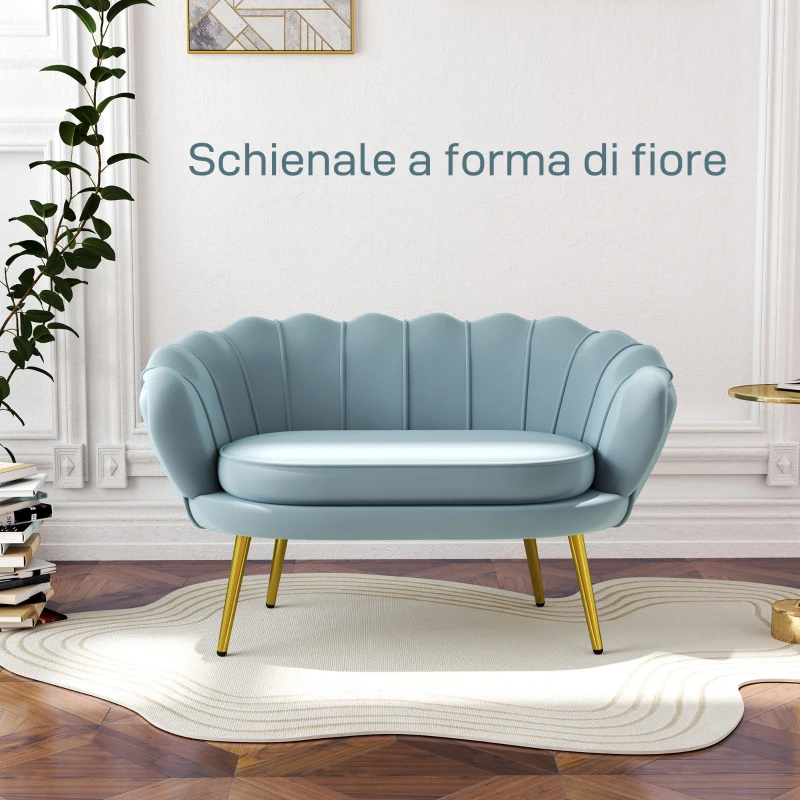 HOMCOM Divanetto 2 Posti in Stile Industrial Chic in Tessuto Effetto Velluto e Metallo, 130x77x77 cm, Azzurro