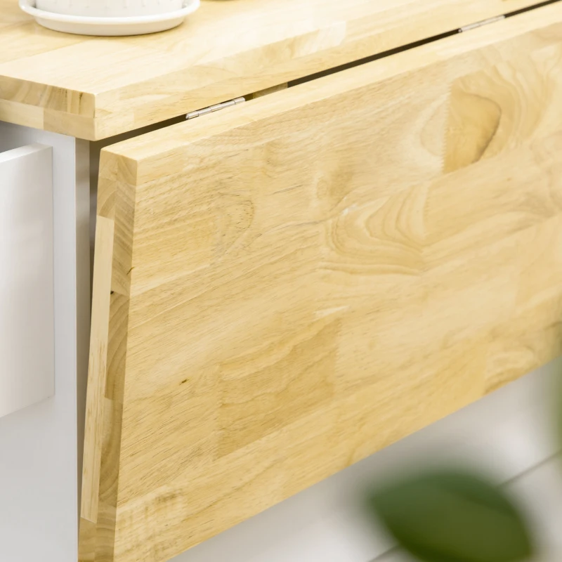 HOMCOM Isola da Cucina con Piano di Lavoro Ribaltabile, 3 Cassetti, 1 Armadio, Porta Strofinacci e Porta Spezie, 111,5 x 75 x 89 cm, Bianco