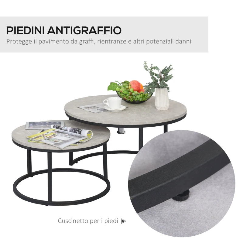 HOMCOM Set 2 Tavolini da Caffè Sovrapponibili Rotondi in Metallo e MDF Effetto Marmo, Grigio e Nero