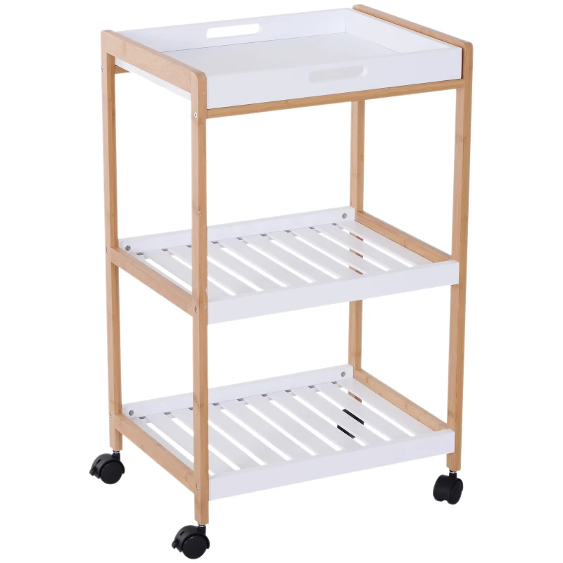 HOMCOM Carrello da Cucina con Ruote, 2 Ripiani e Piano Removibile, in Legno di Pino e MDF, Bianco