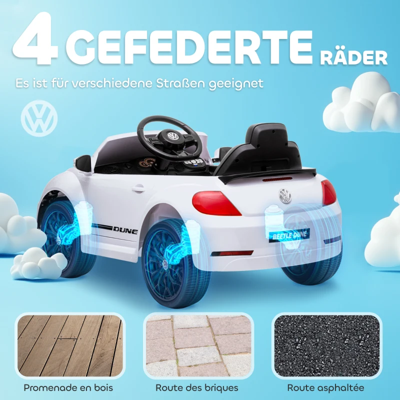 AIYAPLAY Coche eléctrico para niños VW Coccinelle, 3-5 km/h, con control remoto y música, Blanco