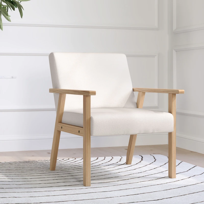 HOMCOM Sillón Acolchado con Reposabrazos Silla de Comedor con Aspecto de Lino Marco de Madera Maciza 64x70x72 cm Crema