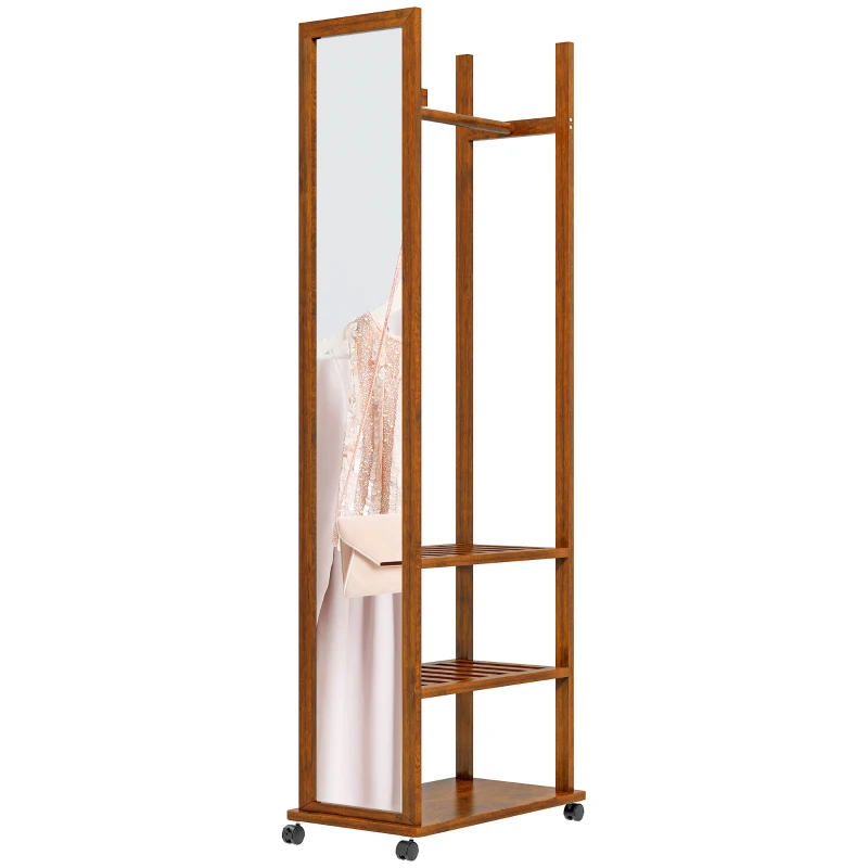 HOMCOM Espejo 2 en 1 Espejo Espejo de Cuerpo Entero Perchero 1 Barra para Ropa 3 Estantes 35,8x59,8x170 cm Natural
