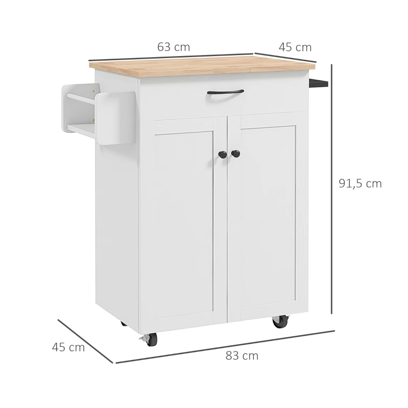 HOMCOM Carrito de cocina con ruedas plataforma de madera de hevea con cajón armario 2 puertas 83x45x91,5 cm Blanco
