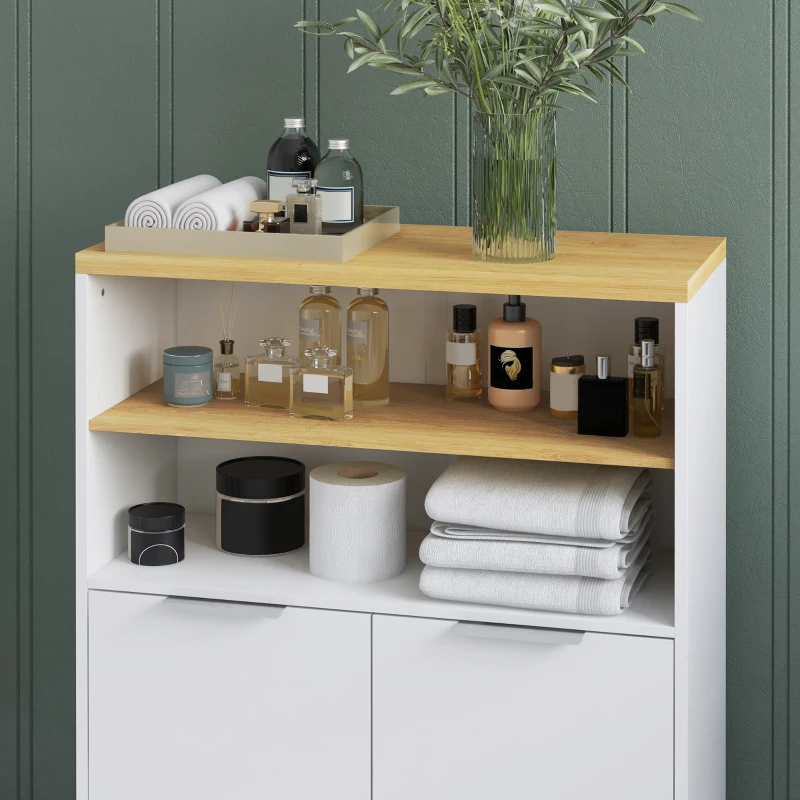kleankin Mueble de Almacenamiento para baño con 2 puertas y 2 compartimentos abiertos 60x30x102 cm Blanco