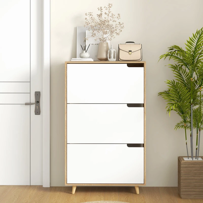 HOMCOM Mueble para Zapatos 3 abatibles con estante ajustable 72x24x119 cm natural y Blanco