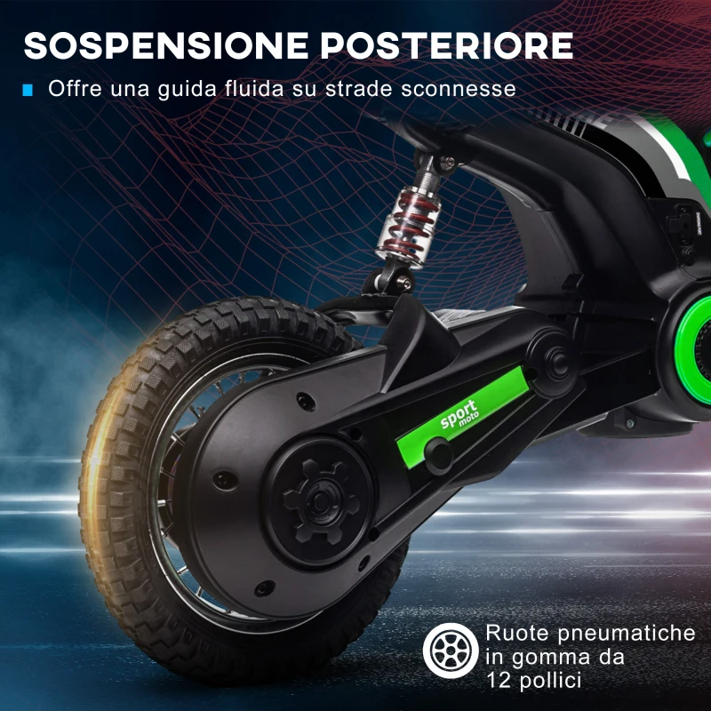 HOMCOM Moto Eléctrica para Niños con Acelerador Manual, 2 Velocidades 8-16 km/h, Edad 8-12 Años, Verde(m-3)