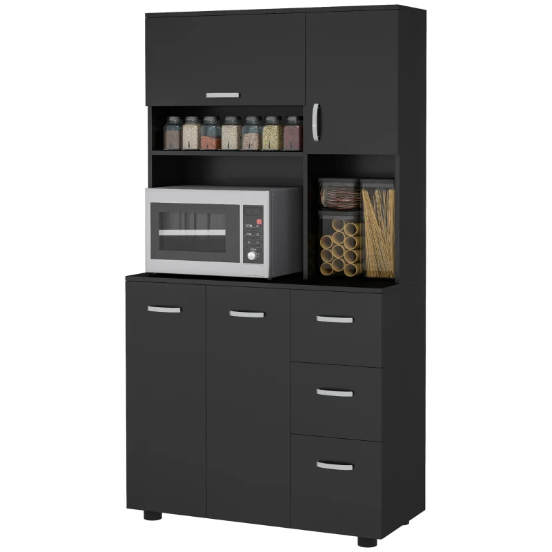 HOMCOM Armario de cocina multi-almacenaje 4 puertas 3 cajones estante + gran plataforma 89x39,5x168 cm Negro