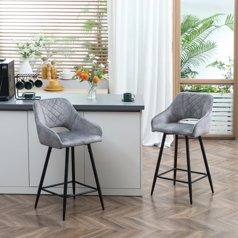 HOMCOM Conjunto de 2 taburetes de bar sillas altas efecto terciopelo y acero Negro con reposapiés apoyabrazos altura 67 cm Gris