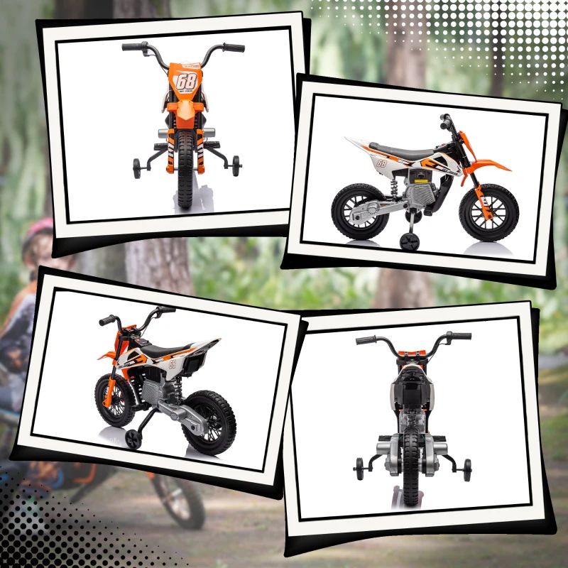 AIYAPLAY Moto Infantil Eléctrica con Control Manual de Gas, Ruedas de Entrenamiento, Música, Naranja