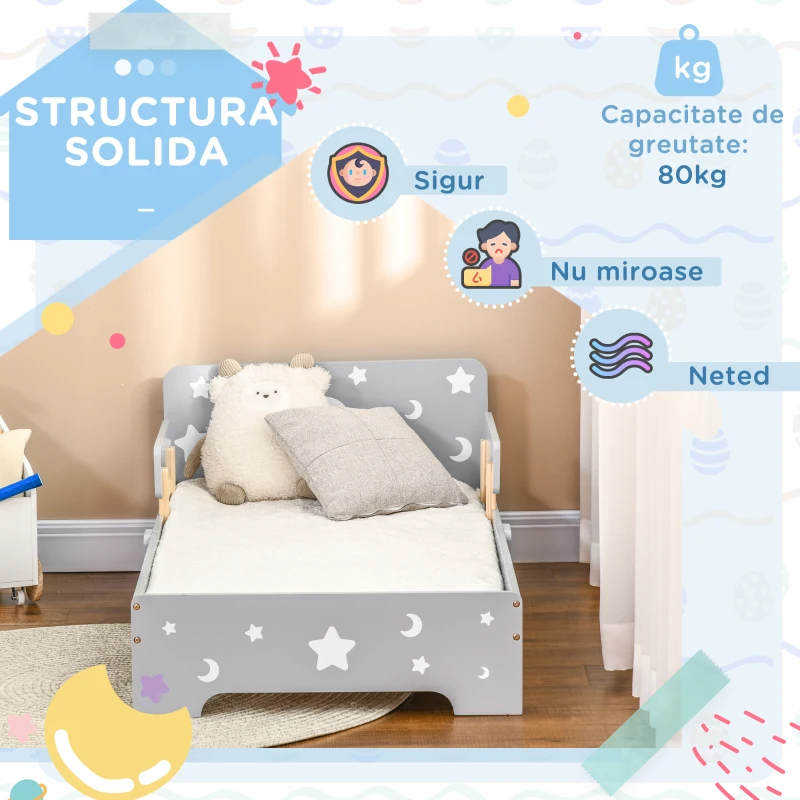 ZONEKIZ Pat pentru copii 3-6 ani cu stele si luna din MDF si PAL, 143x76x49 cm, culoare gri si lemn