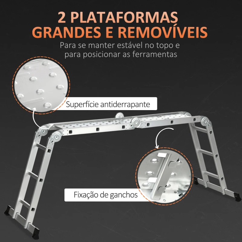 DURHAND Escada Telescópica 5 em 1 Dobrável Escada Multifuncional com Plataformas Removíveis 12 Degraus 339x76x10cm Prata