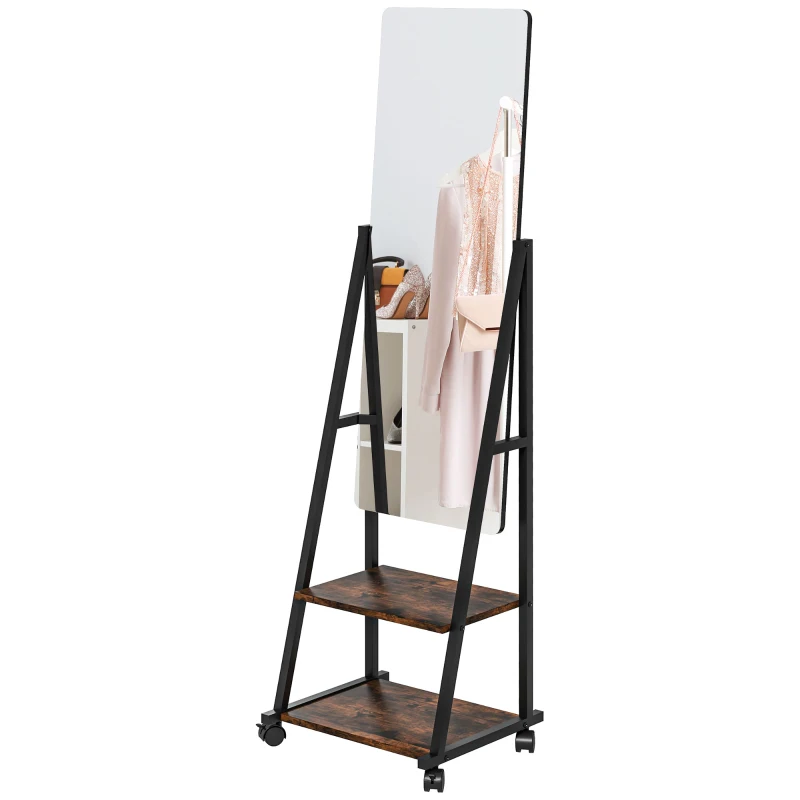 HOMCOM Espejo de Pie Rectangular Espejo de Suelo Rodante con Ángulo Ajustable 2 Estantes 4 Ruedas Negro y Marrón Rústico