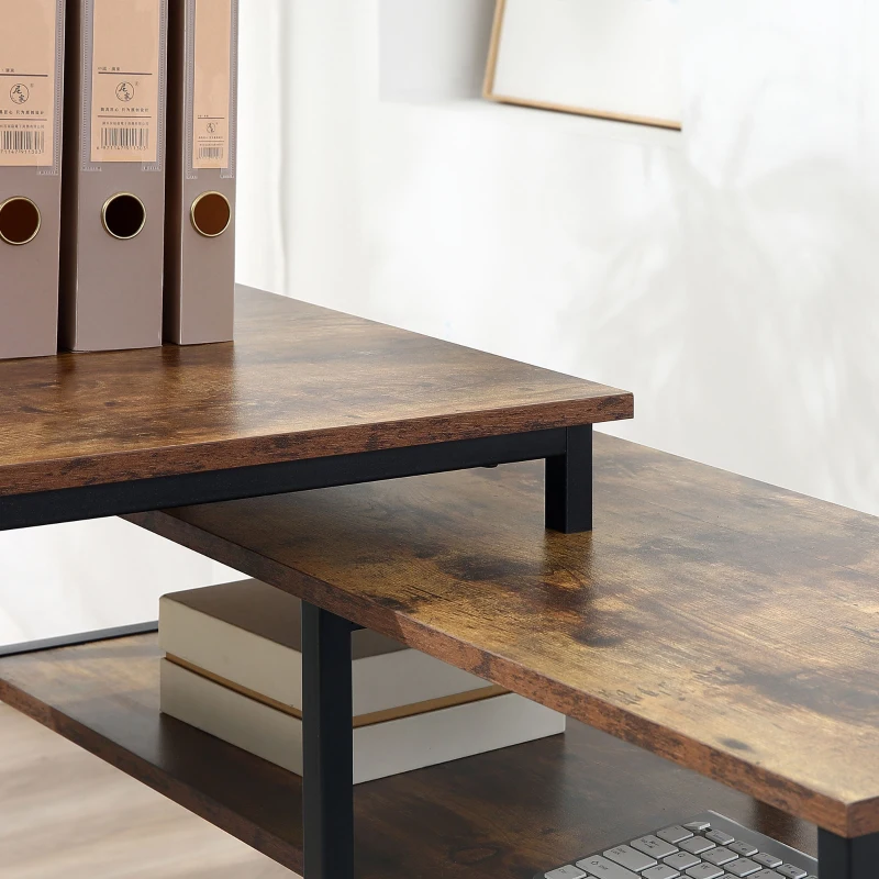 HOMCOM Escritorio Informático Diseño Industrial Escritorio de Ángulo 3 Estantes Aspecto Madera Antigua Metal Negro