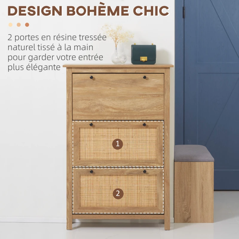 HOMCOM Mueble de zapatos estante de zapatos armario 3 cajones abatibles efecto trenzado de ratán - en Madera Natural