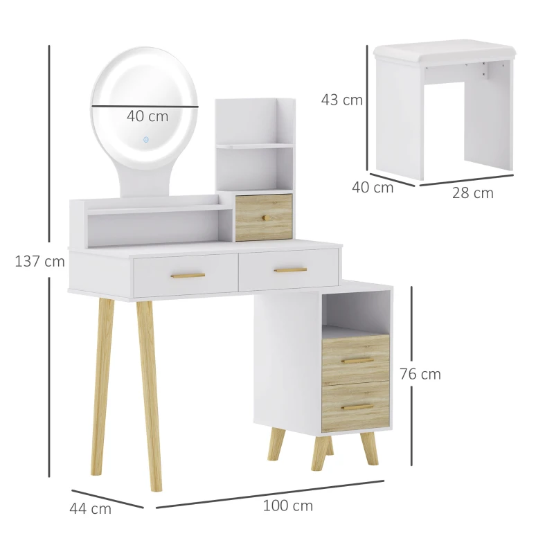 HOMCOM Tocador con espejo y taburete mesa de maquillaje luminosidad ajustable 5 cajones 4 compartimentos 1 estante Blanco