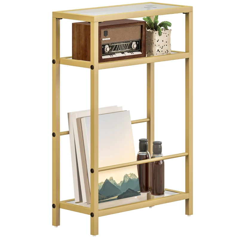 HOMCOM 3-Tier Side Table, Narrow End Table with Storage Shelf and Tempered Glass Tabletop for Small Spaces, Bedroom, Living Room, Entryway, Gold Tone