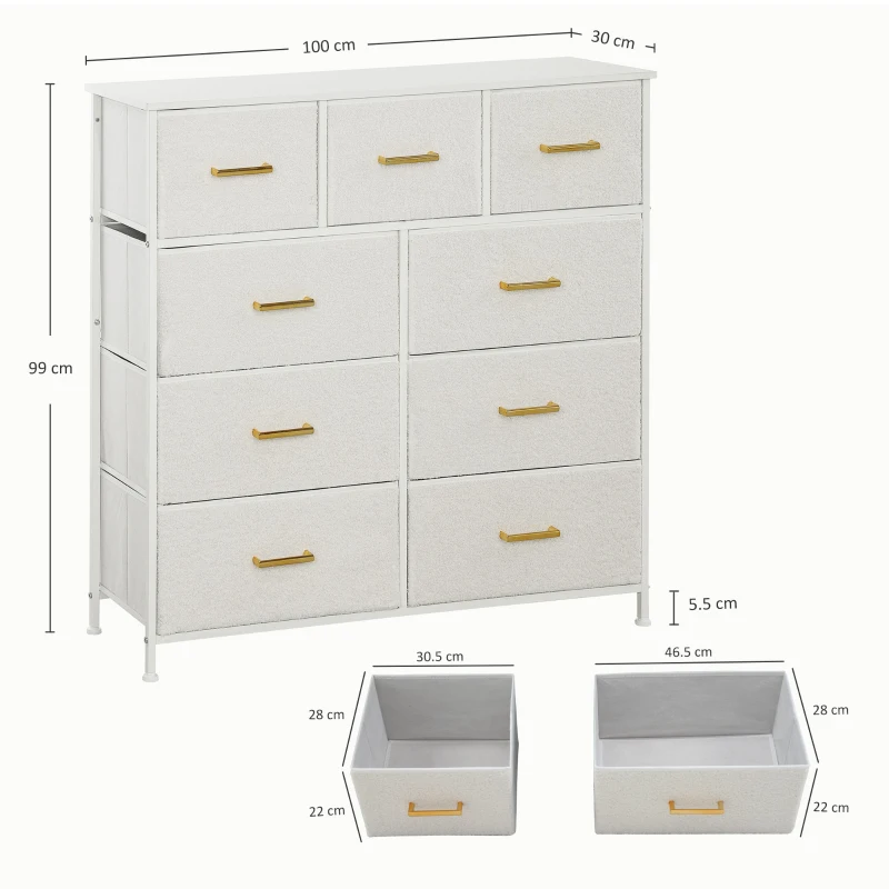 HOMCOM Chest of Drawers with 9 Fabric Drawers, Boucle Storage Organiser with Steel Frame, Fabric Dresser for Bedroom, Living Room, Hallway, Cream White