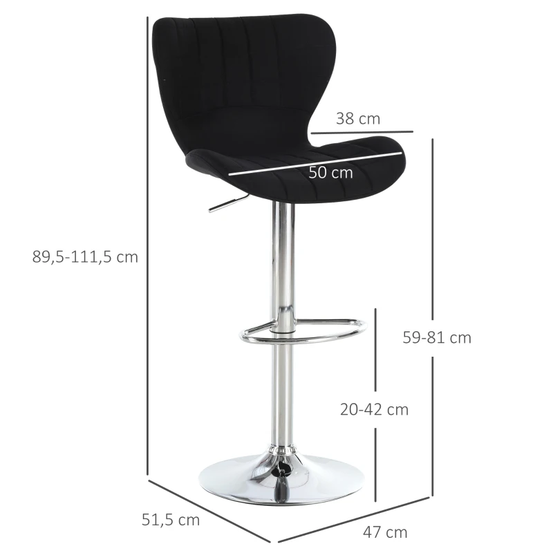 HOMCOM Conjunto de 2 Taburetes de bar Diseño Contemporáneo Altura de Asiento Ajustable 59-81 cm Giratorio 360° Lino Negro