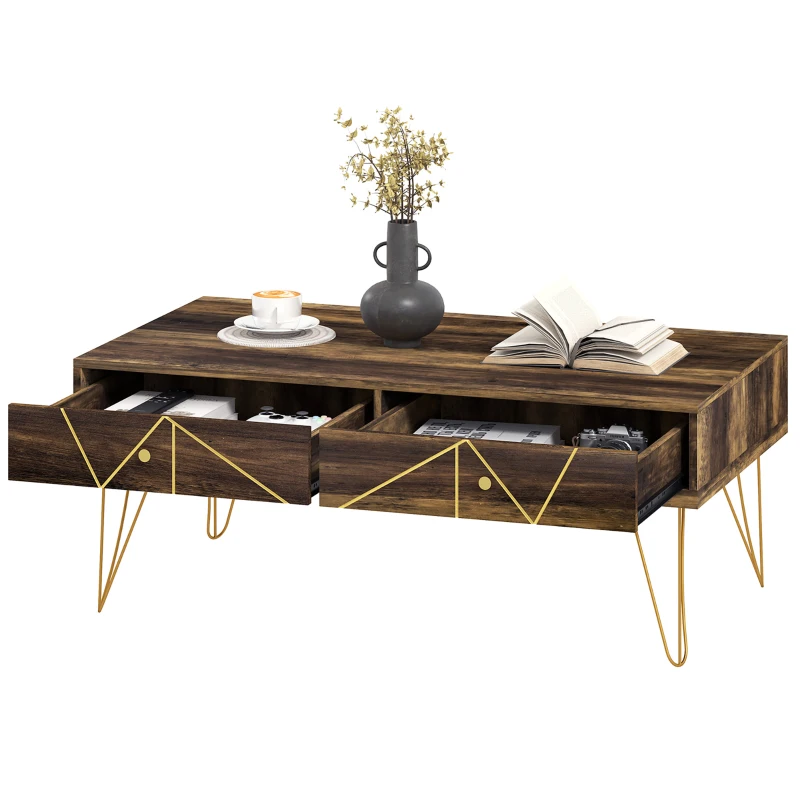 HOMCOM Mesa de Café de Madera Mesa de Centro con Gran Tablero y 2 Cajones Diseño de Lujo Elegante Decoración con Líneas Doradas
