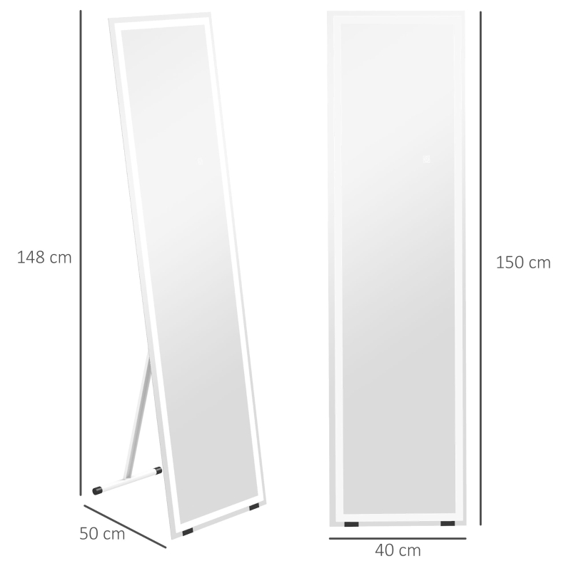 HOMCOM Espejo rectangular de pie de longitud completa con iluminación LED para colocar en la pared o de pie 150x40 cm Blanco