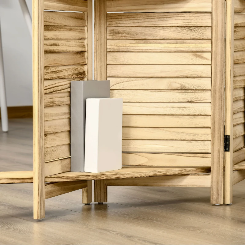 HOMCOM Biombo interior 4 paneles 3 estantes plegables puertas persianas madera de árbol del emperador aspecto pino autoclave