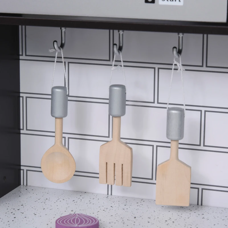 HOMCOM Cocina de Juguete para Niños de Madera con 14 Accesorios, Horno, Fregadero, Nevera y Microondas, Edad 3+ Años, 86x64x84,5 cm